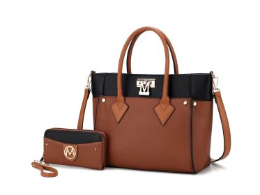 MKF Collection Brynlee Color-Block Vegan Leather Women's Tote Bag with Walletâ€“ 2 pieces by Mia k (Material: Vegan Leather, Color: Cognac)