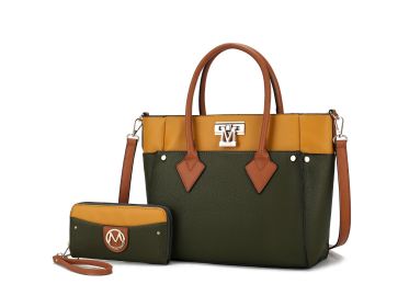 MKF Collection Brynlee Color-Block Vegan Leather Women's Tote Bag with Walletâ€“ 2 pieces by Mia k (Material: Vegan Leather, Color: Olive)